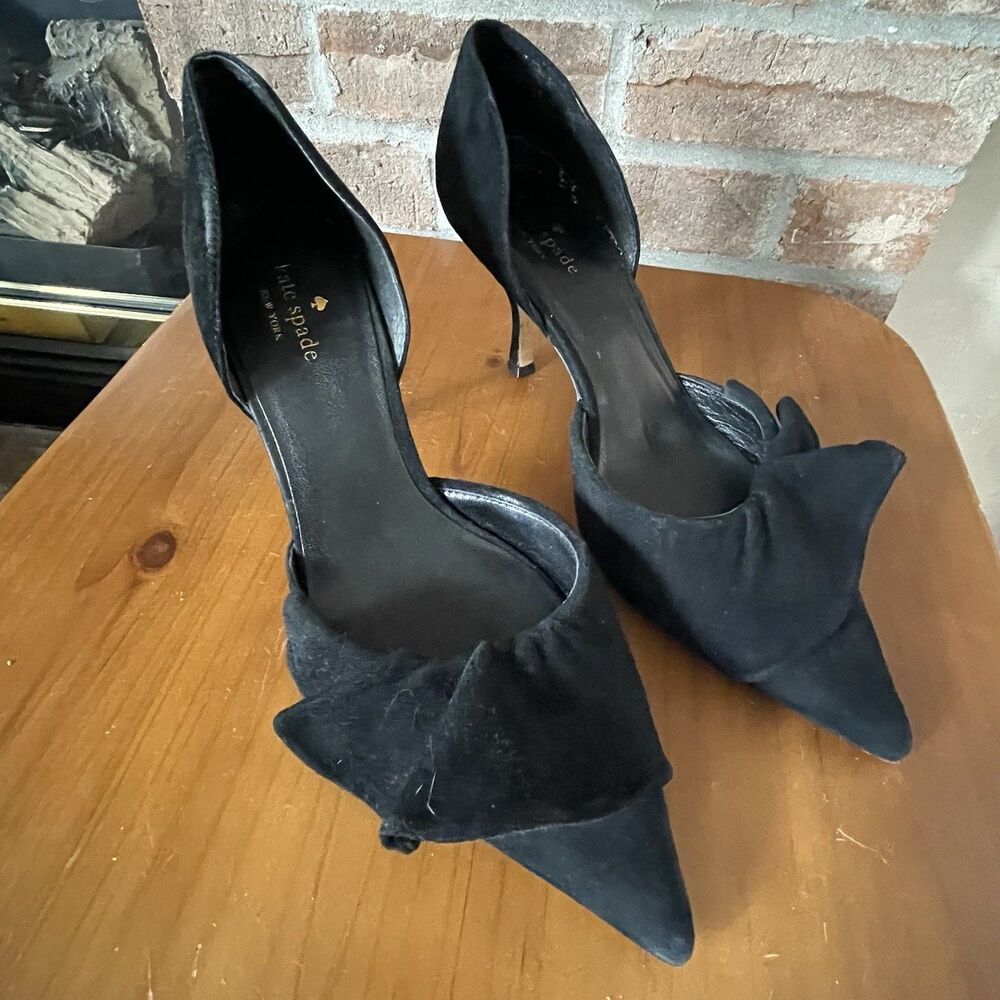 Kate Spade Suede D'Orsay Pump Size 9.5 Point Toe 3" Heel Ruffle Black Elegant